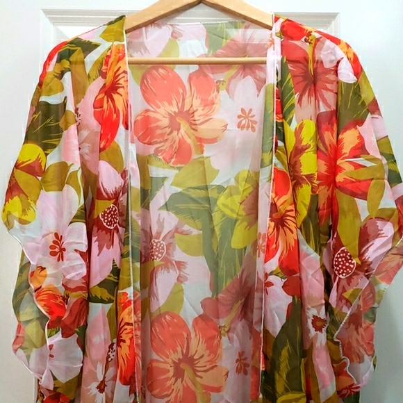 Floral Print Open Front Chiffon Cover Up - Picture 3 of 6